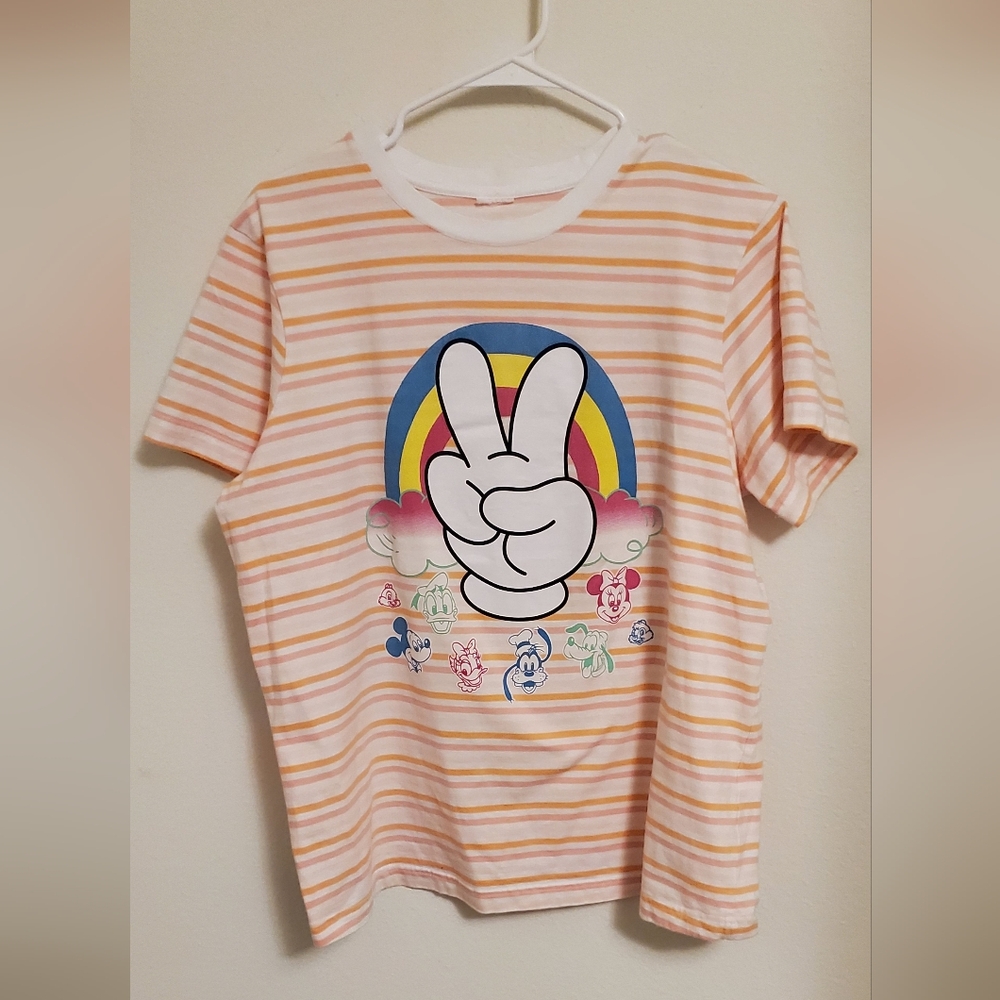 Disney Parks Women's Mickey And Friends Striped Peace T-Shirt Size Large